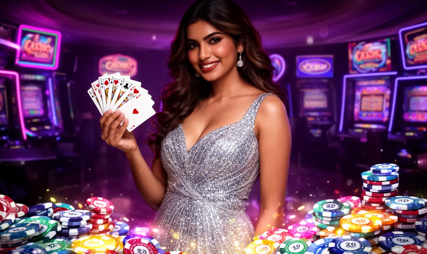 Stylish casino woman holding playing cards near slot machines reflecting the exciting bonus games available at 95BD Casino Bangladesh