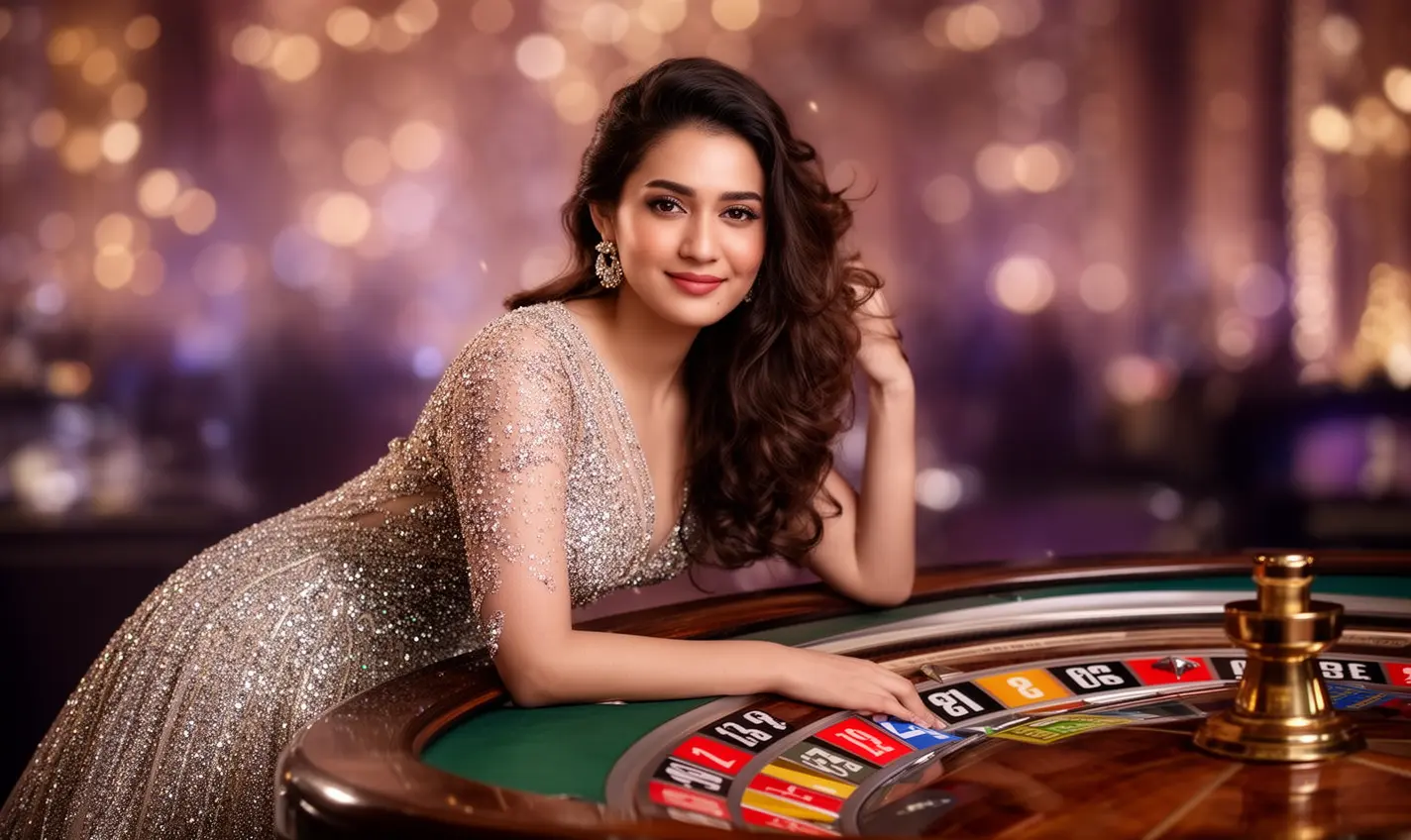 Stylish female player at a luxury roulette table surrounded by glowing lights representing the high end live casino experience at 95BD for Bangladesh