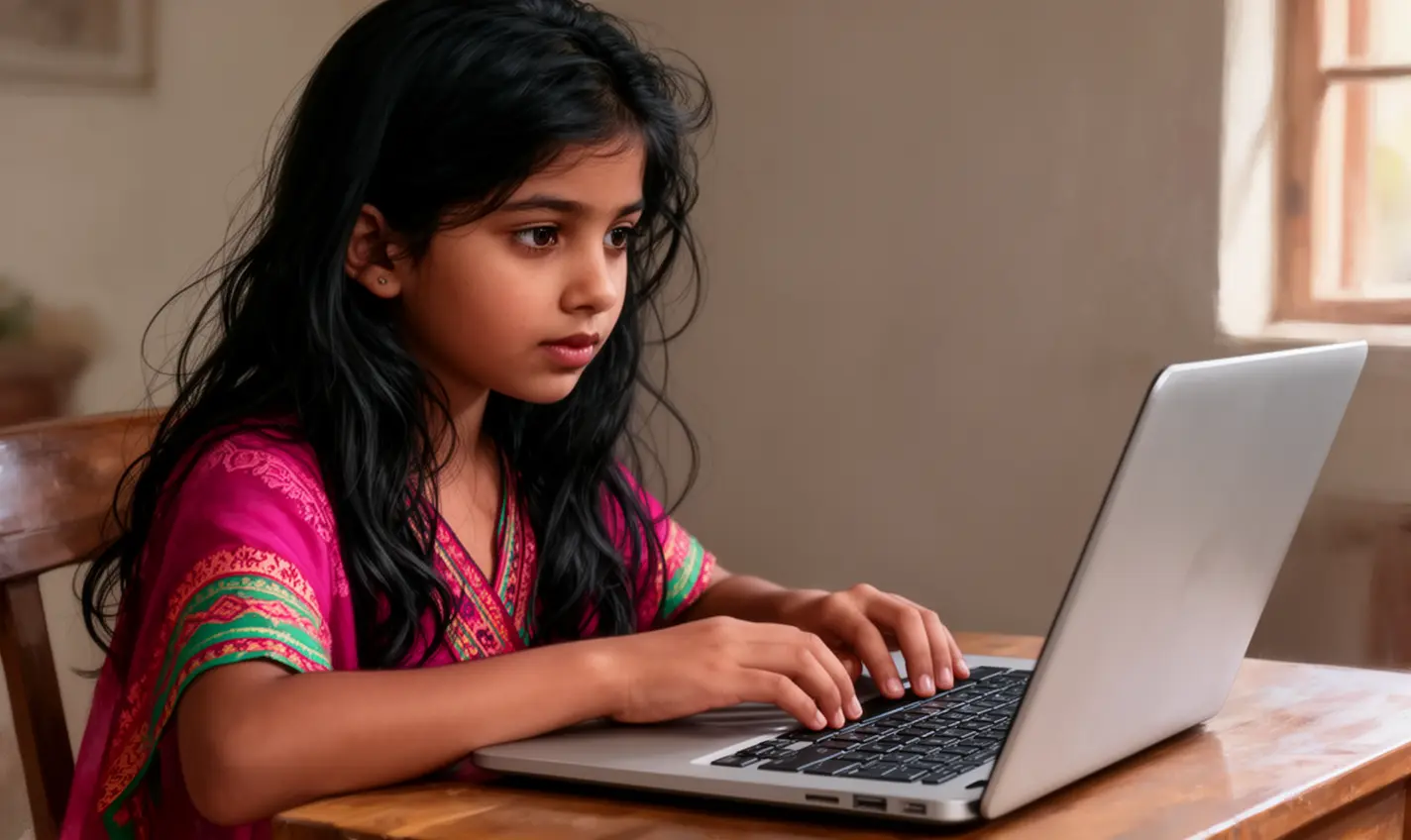 Focused Bangladeshi woman playing online casino games on a laptop with colorful digital graphics on the 95BD gaming platform