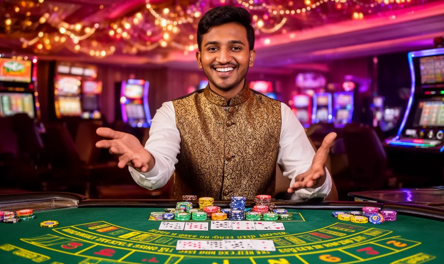 Smiling Bangladeshi casino host welcoming players to a modern 95BD live casino table with cards and chips